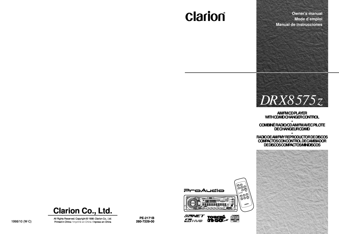 Clarion DRX8575z owner manual PE-2171B, 280-7229-00, Manual de instrucciones, Am/Fmcdplayer Withcd/Mdchangercontrol 