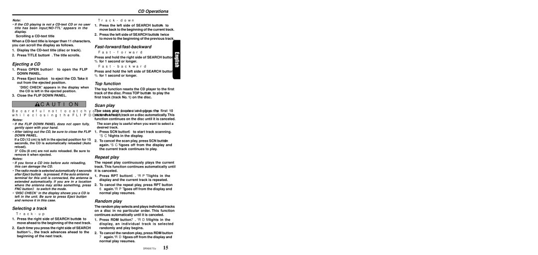 Clarion DRX8675z CD Operations, Ejecting a CD, Selecting a track, Fast-forward/fast-backward, Top function, Scan play 