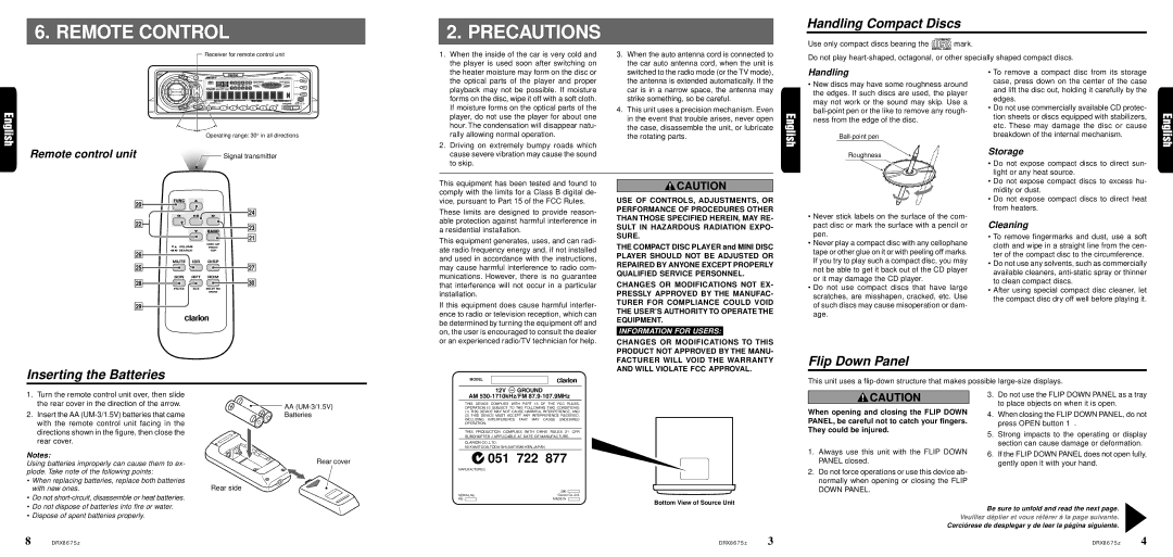 Clarion DRX8675z owner manual Remote Control Precautions, Handling Compact Discs, Inserting the Batteries, Flip Down Panel 