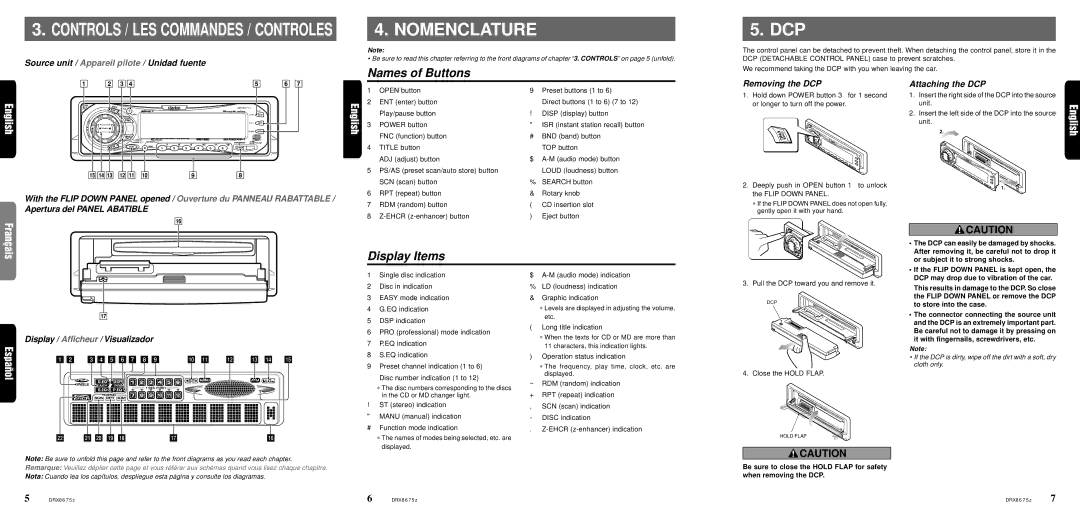 Clarion DRX8675z owner manual Nomenclature, Names of Buttons, Display Items 