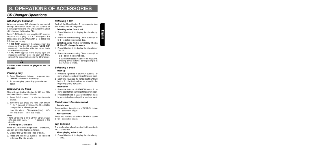 Clarion DRX9575Rz owner manual Operations of Accessories, CD Changer Operations, CD changer functions, Displaying CD titles 