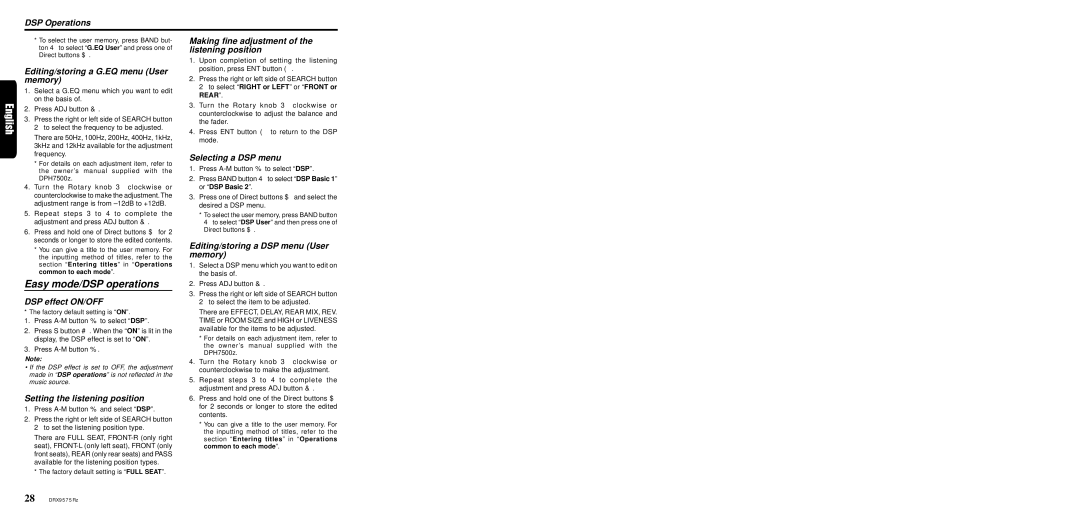 Clarion DRX9575Rz owner manual Editing/storing a G.EQ menu User memory, DSP effect ON/OFF, Setting the listening position 