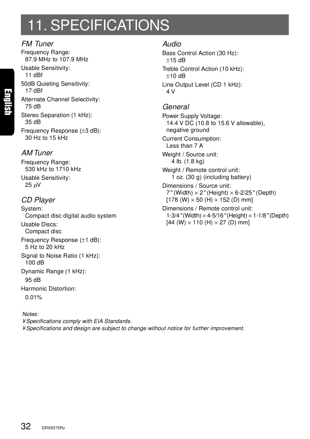 Clarion DRX9575Rz owner manual Specifications 