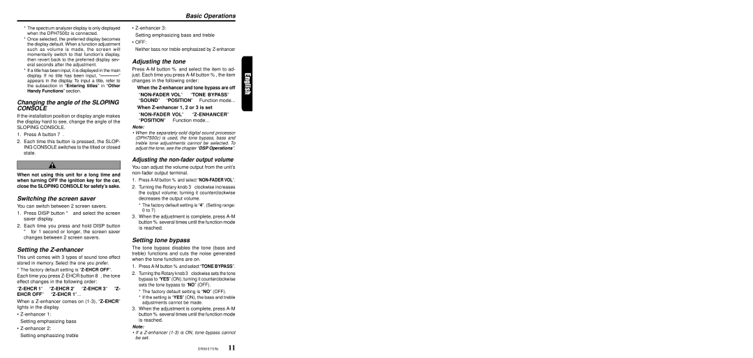 Clarion DRX9575Rz owner manual Basic Operations, Changing the angle of the Sloping Console, Switching the screen saver 