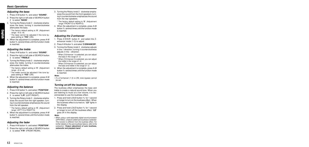 Clarion DRX9575Rz Basic Operations Adjusting the bass, Adjusting the treble, Adjusting the Z-enhancer, Adjusting the fader 