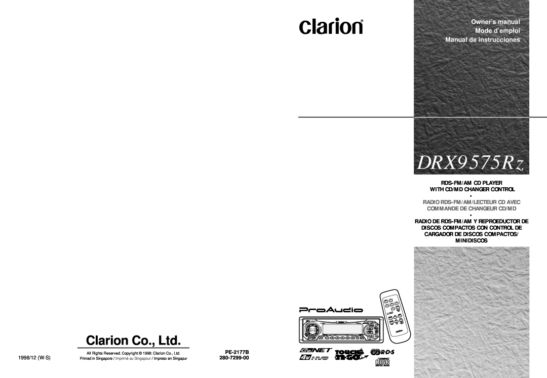 Clarion DRX9575Rz owner manual PE-2177B, Manual de instrucciones, Rds-Fm/Amcd Player With Cd/Md Changer Control 