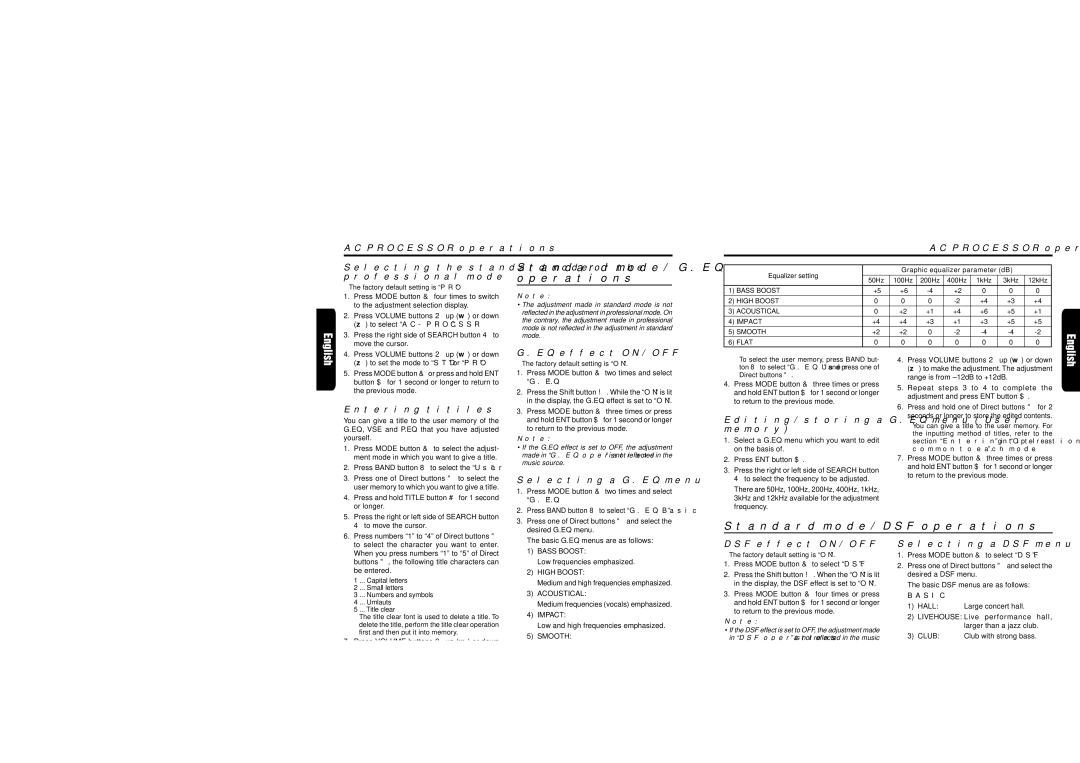 Clarion DRX9675z owner manual AC Processor operations Selecting the standard mode or, Professional mode, Entering titiles 