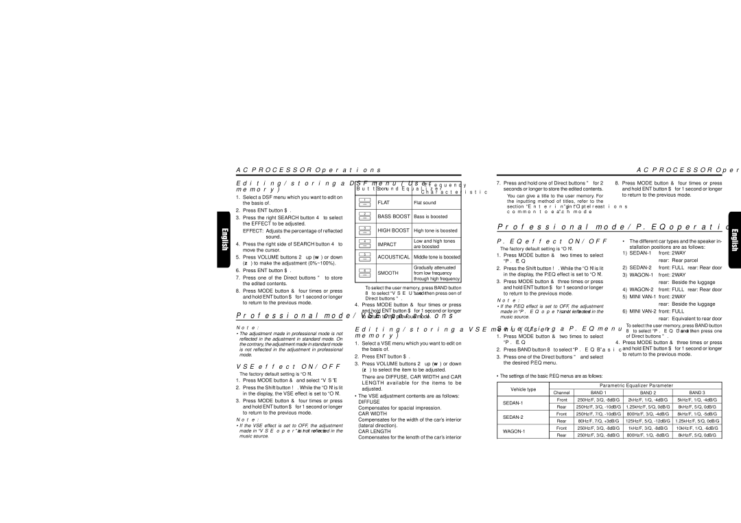 Clarion DRX9675z VSE effect ON/OFF, Editing/storing a VSE menu User memory, Selecting a P.EQ menu, Selecting a VSE menu 