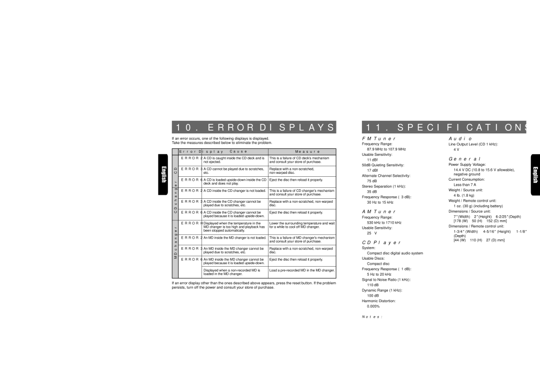 Clarion DRX9675z owner manual Error Displays Specifications 