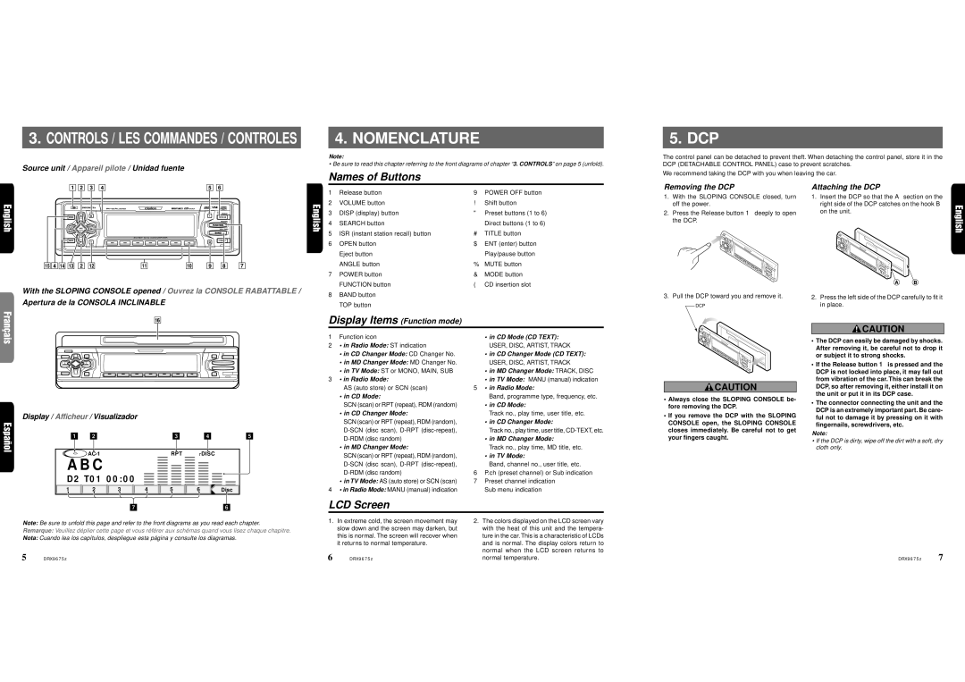 Clarion DRX9675z Removing the DCP Attaching the DCP, Display / Afficheur / Visualizador, Display Items Function mode 