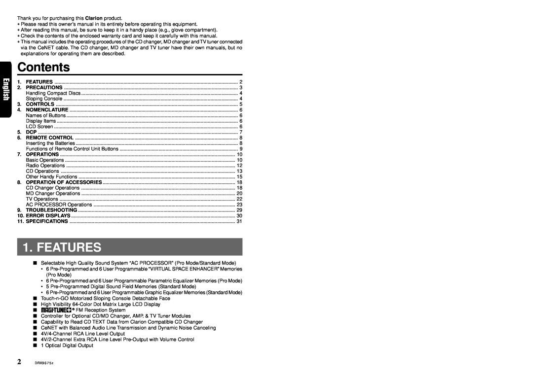Clarion DRX9675z owner manual Contents, Features 