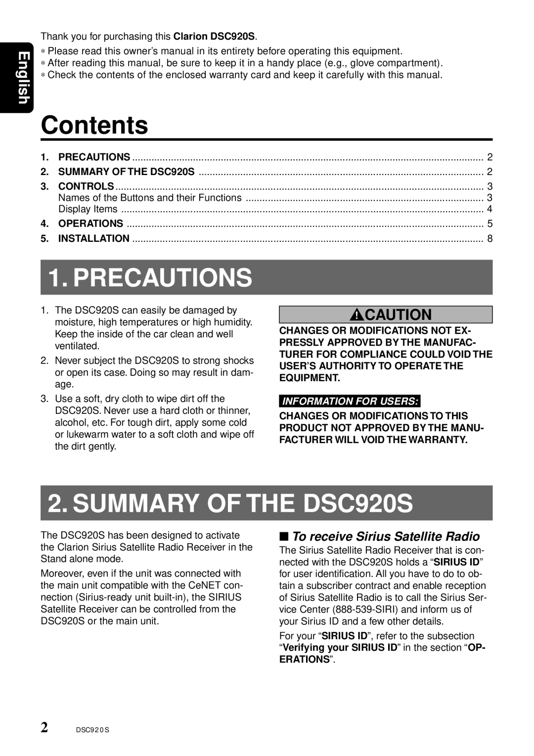 Clarion owner manual Precautions, Summary of the DSC920S 