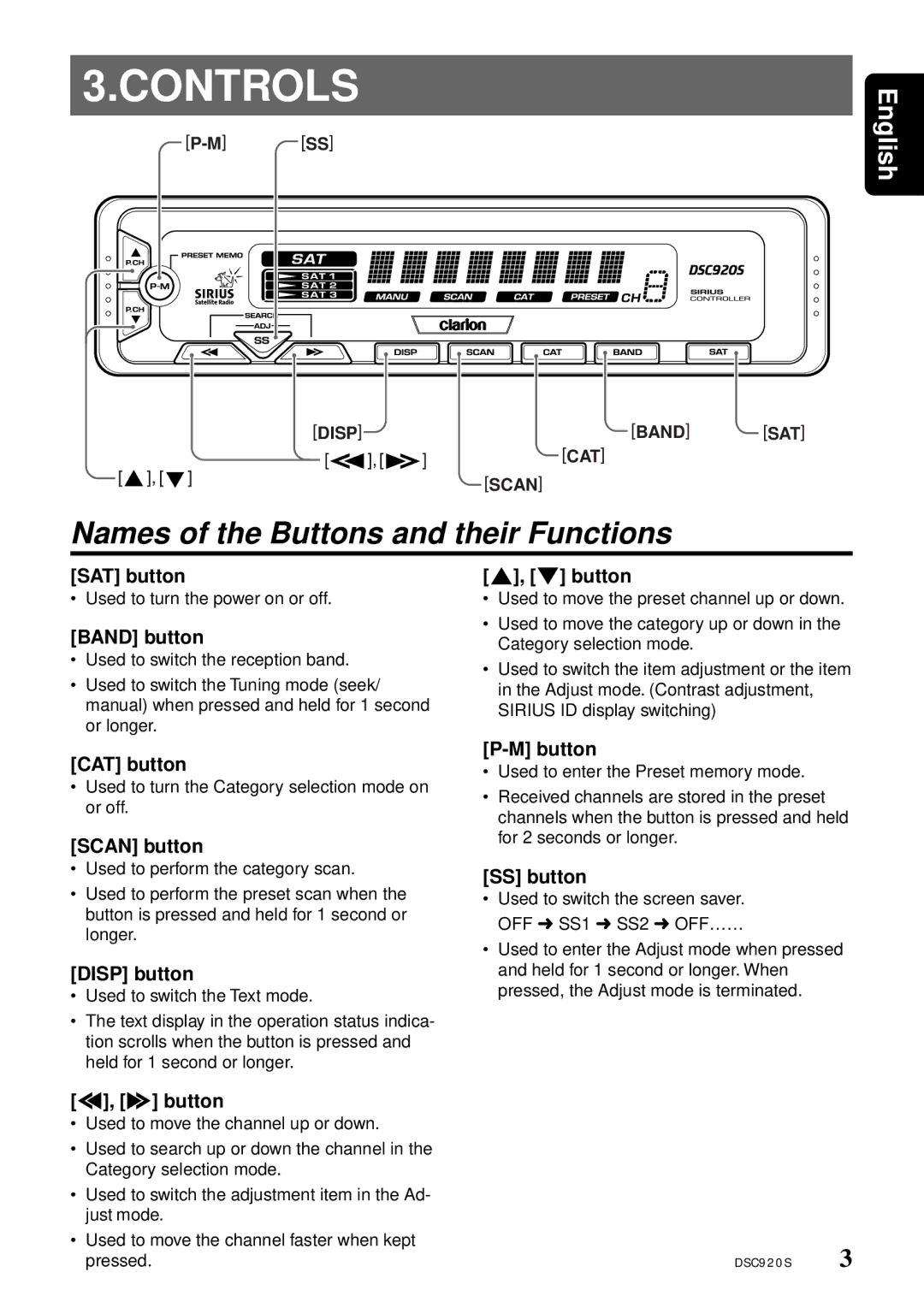 Clarion DSC920S owner manual Controls, Names of the Buttons and their Functions, Disp Band SAT 