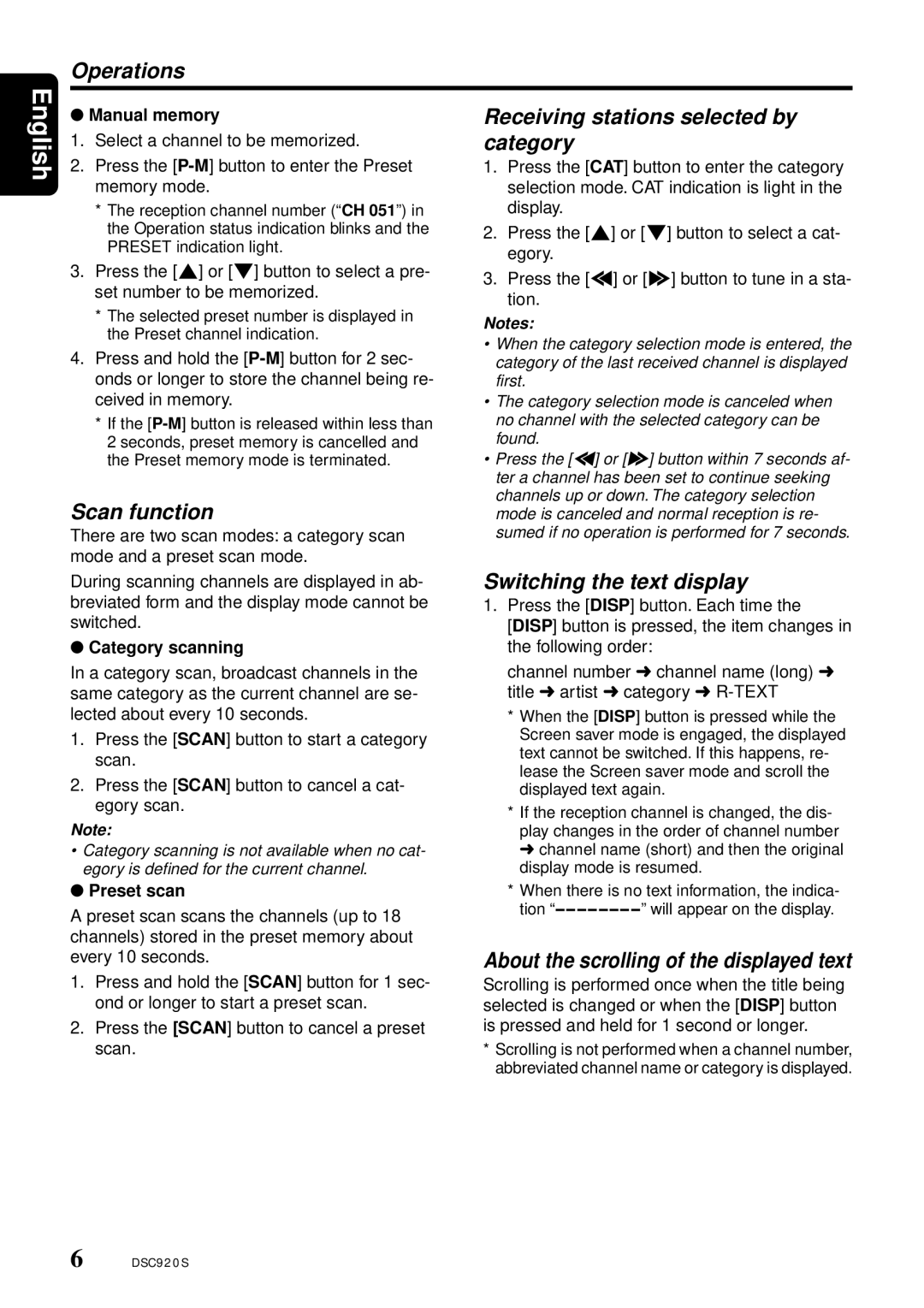 Clarion DSC920S owner manual Operations, Scan function, Receiving stations selected by category, Switching the text display 