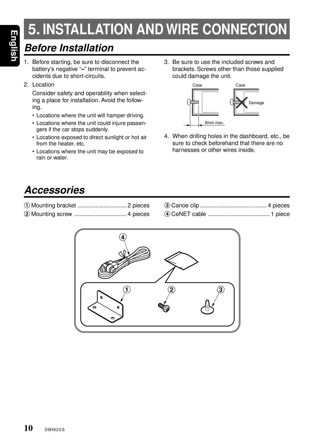 Clarion DSH920S owner manual Installation and Wire Connection 