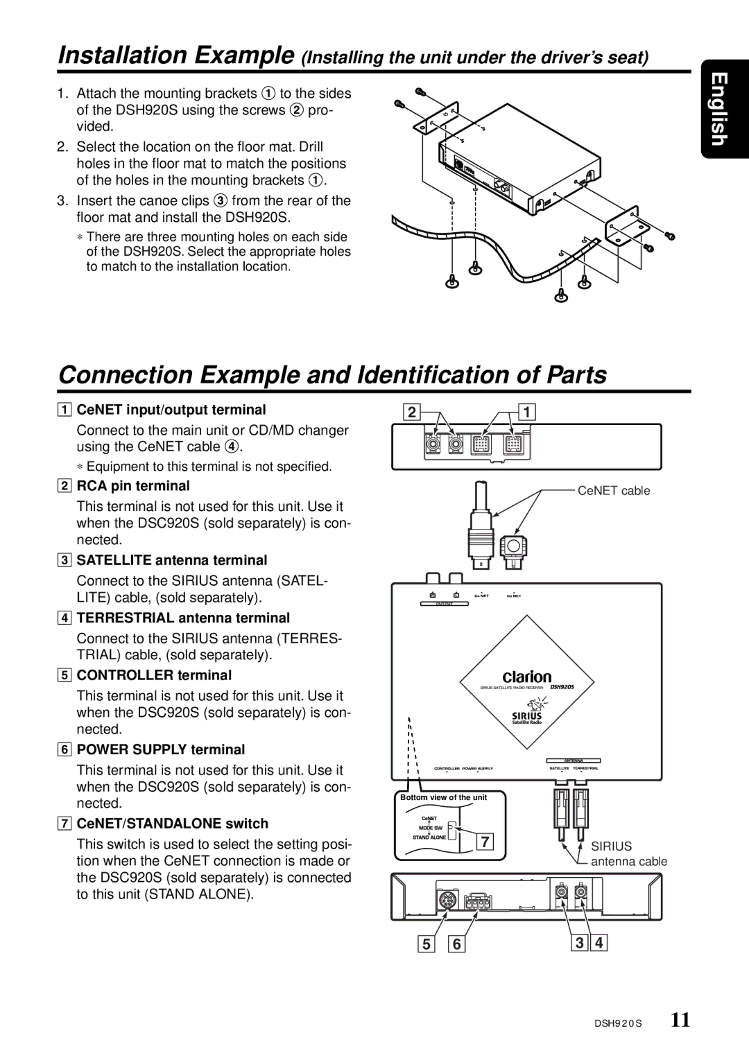 Clarion DSH920S CeNET input/output terminal, RCA pin terminal, Satellite antenna terminal, Terrestrial antenna terminal 