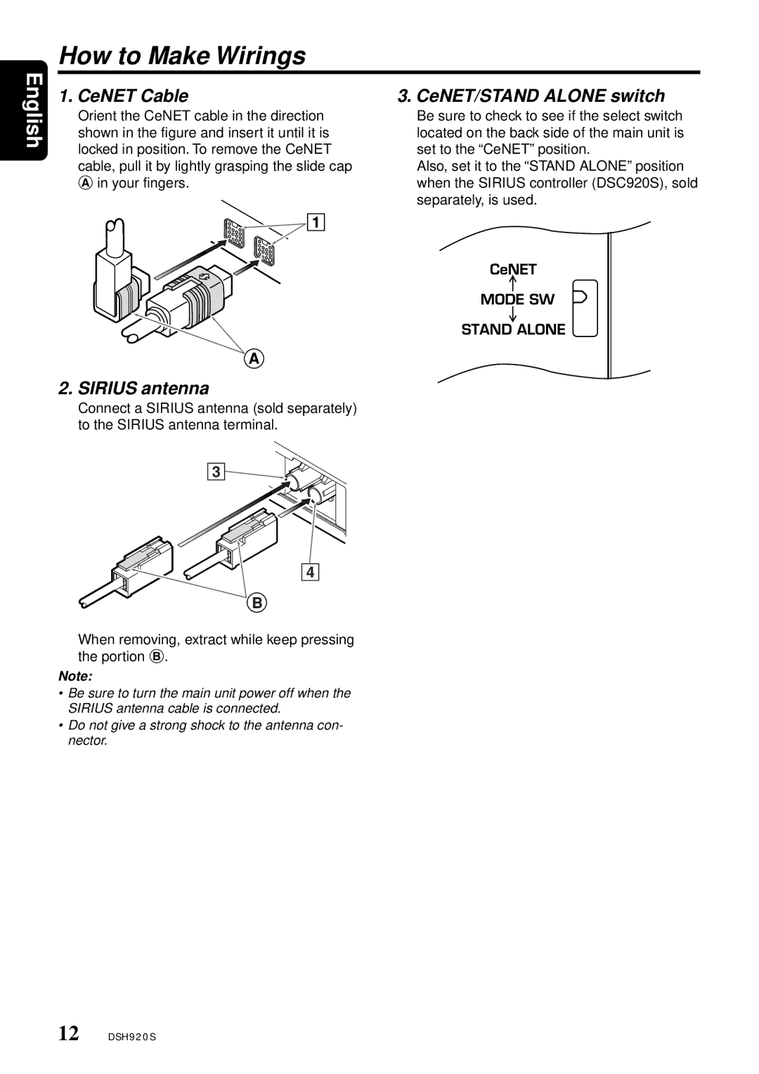 Clarion DSH920S owner manual CeNET Cable CeNET/STAND Alone switch, Sirius antenna 