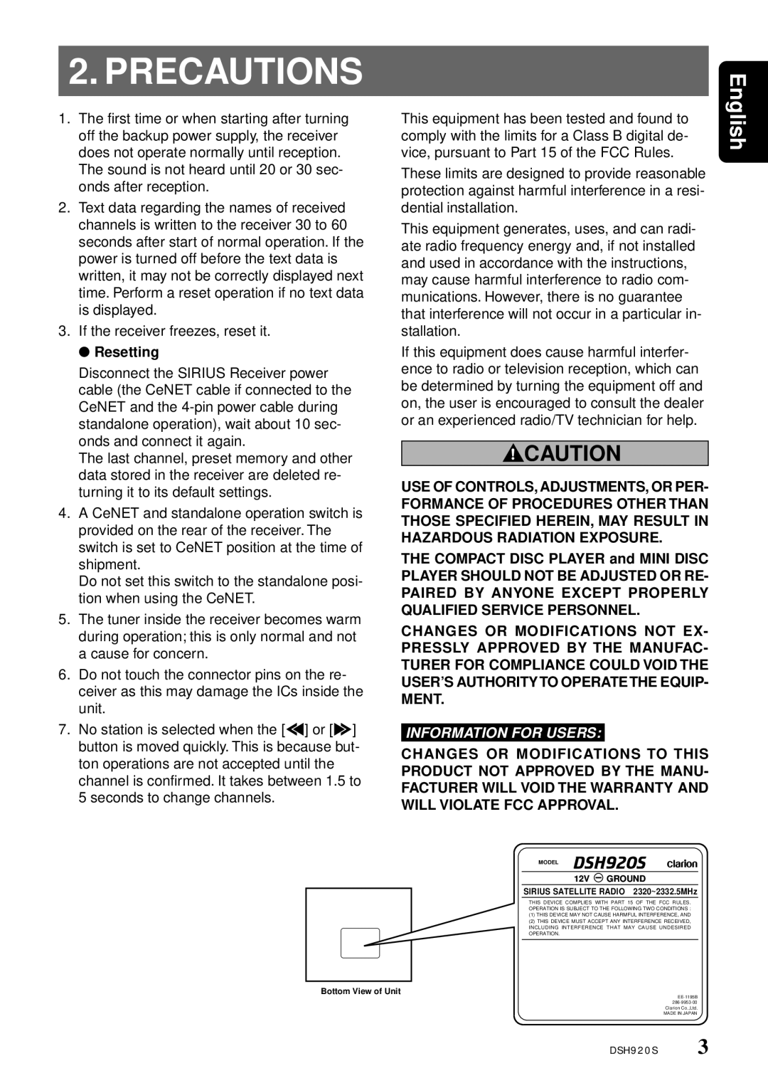 Clarion DSH920S owner manual Precautions, Resetting 