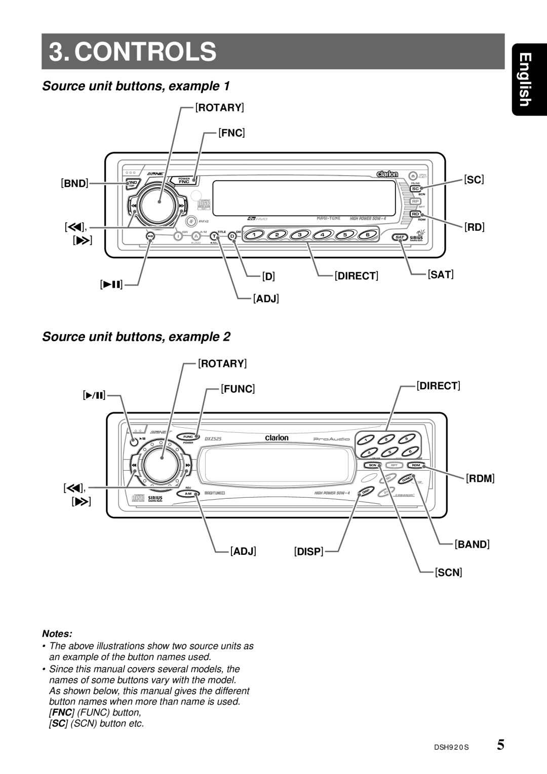 Clarion DSH920S owner manual Controls, Source unit buttons, example 