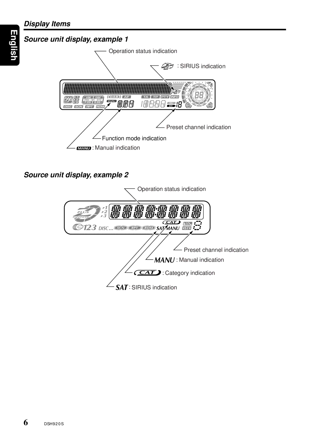 Clarion DSH920S owner manual Display Items Source unit display, example 