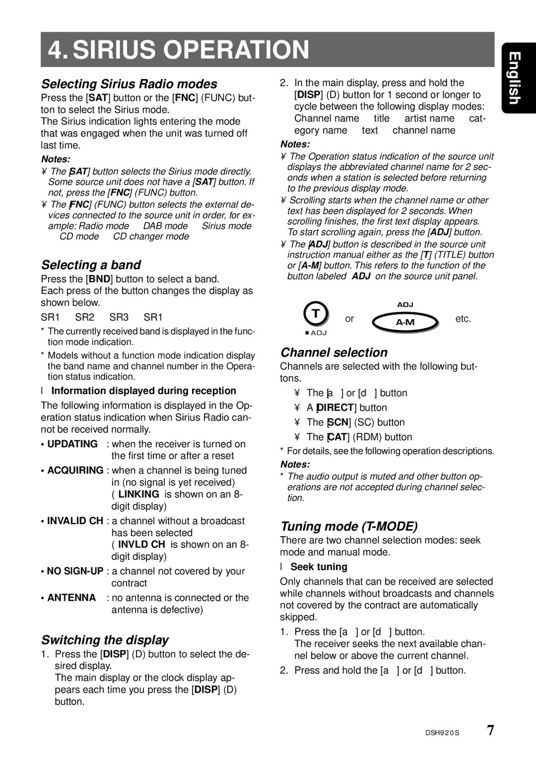 Clarion DSH920S owner manual Sirius Operation 