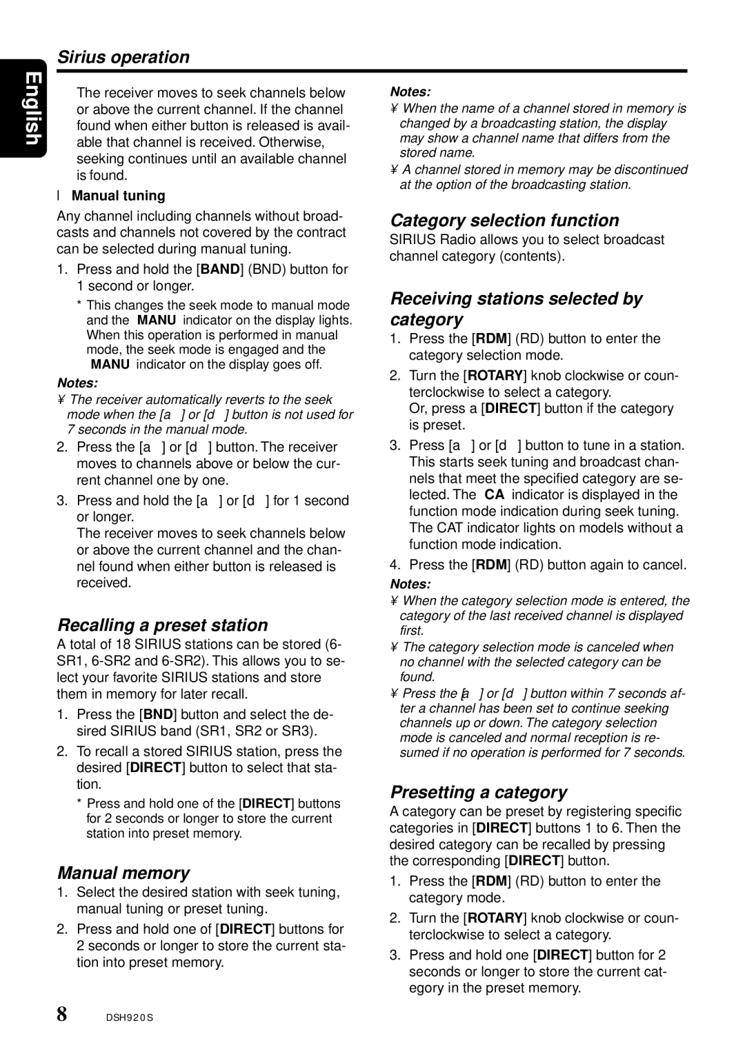 Clarion DSH920S owner manual Sirius operation, Recalling a preset station, Manual memory, Category selection function 