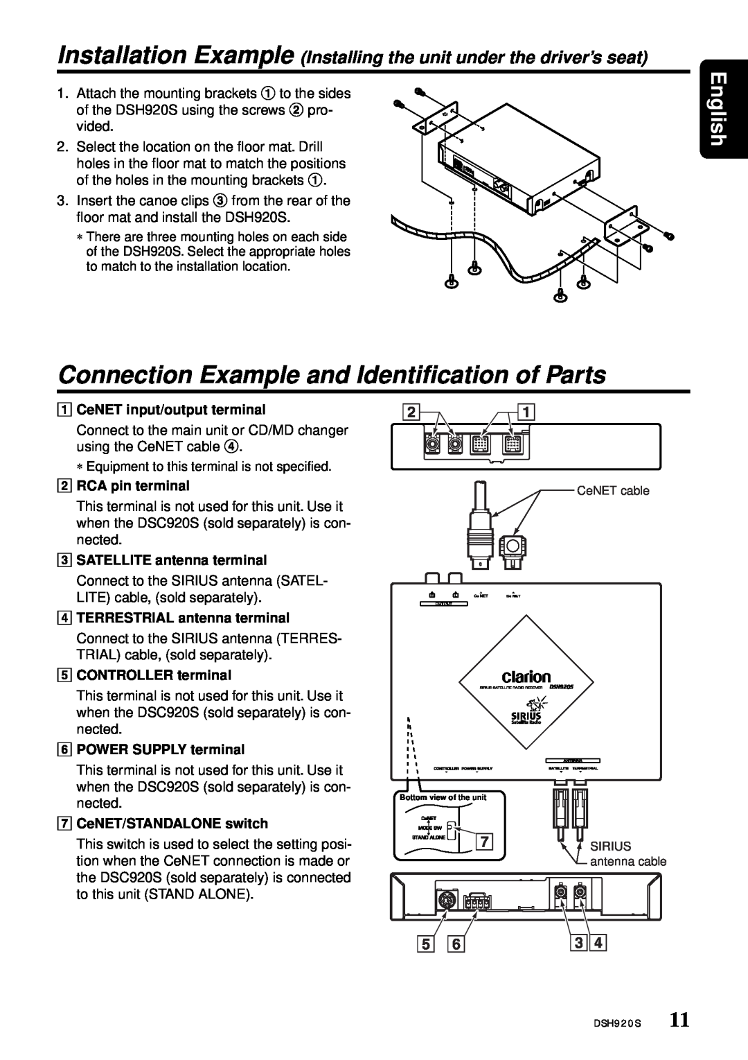 Clarion DSH920S Connection Example and Identification of Parts, English, CeNET input/output terminal, RCA pin terminal 