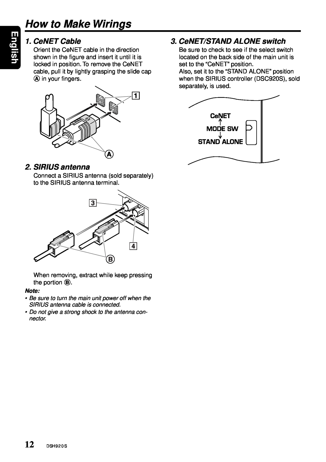 Clarion DSH920S owner manual How to Make Wirings, CeNET Cable, CeNET/STAND ALONE switch, SIRIUS antenna, English 