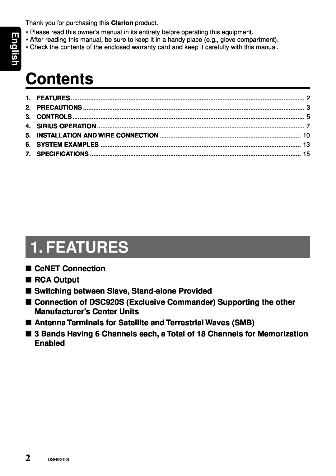 Clarion DSH920S owner manual Features, English, Contents 