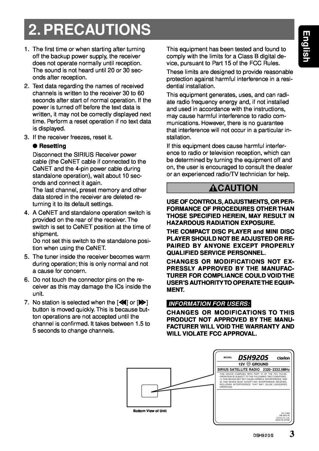 Clarion DSH920S owner manual Precautions, English, Information For Users 