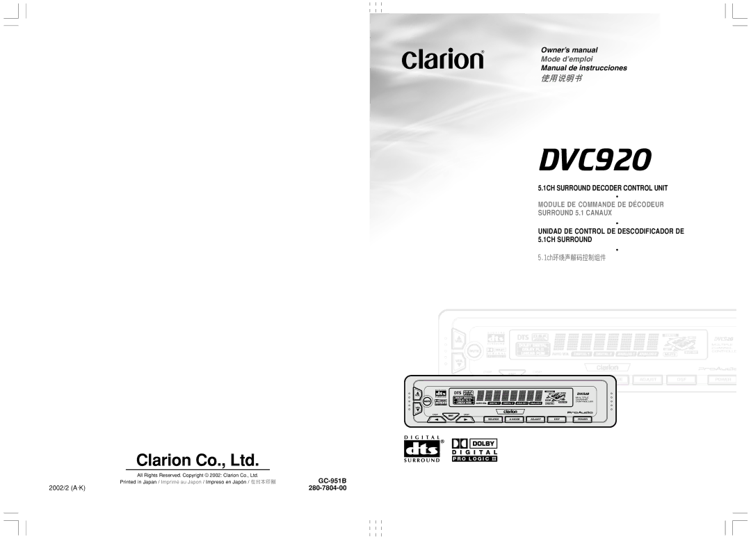 Clarion DVC920 manual 2002/2 A·K, GC-951B 280-7804-00 