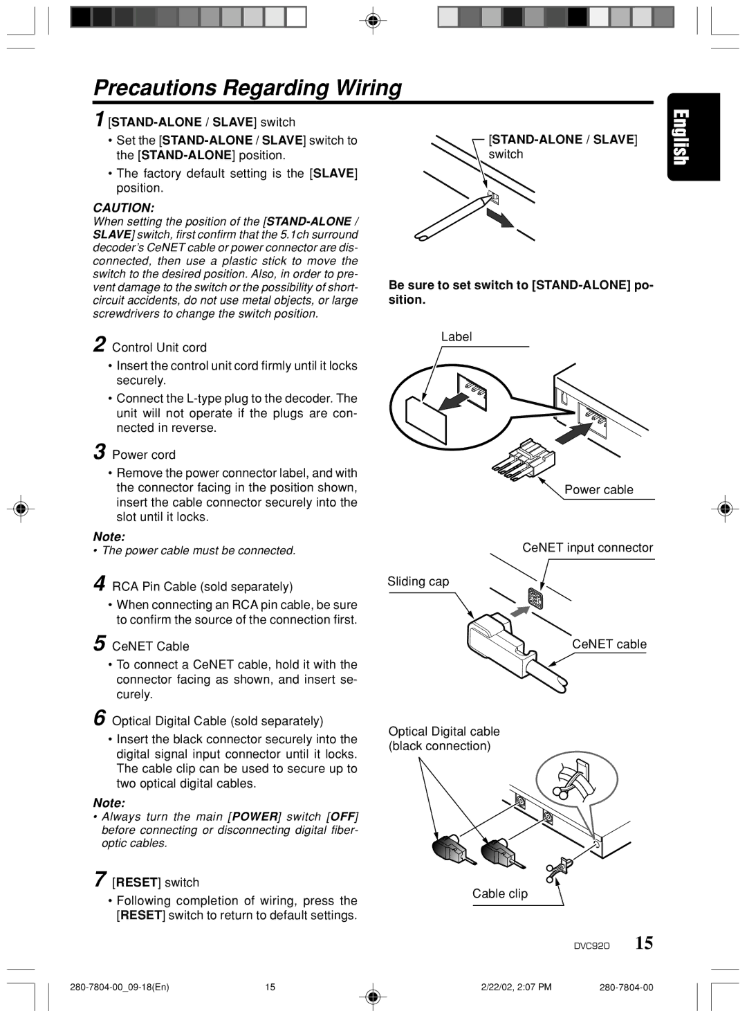 Clarion DVC920 manual Precautions Regarding Wiring, Factory default setting is the Slave position 