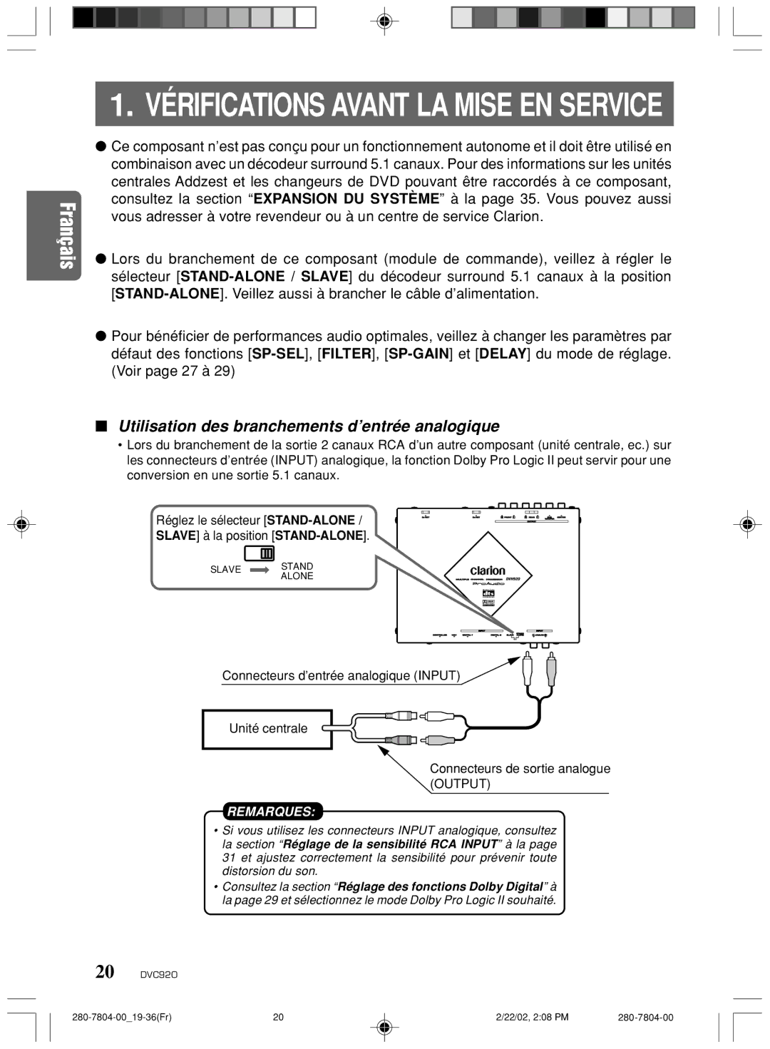 Clarion DVC920 manual Vérifications Avant LA Mise EN Service, Utilisation des branchements d’entrée analogique 