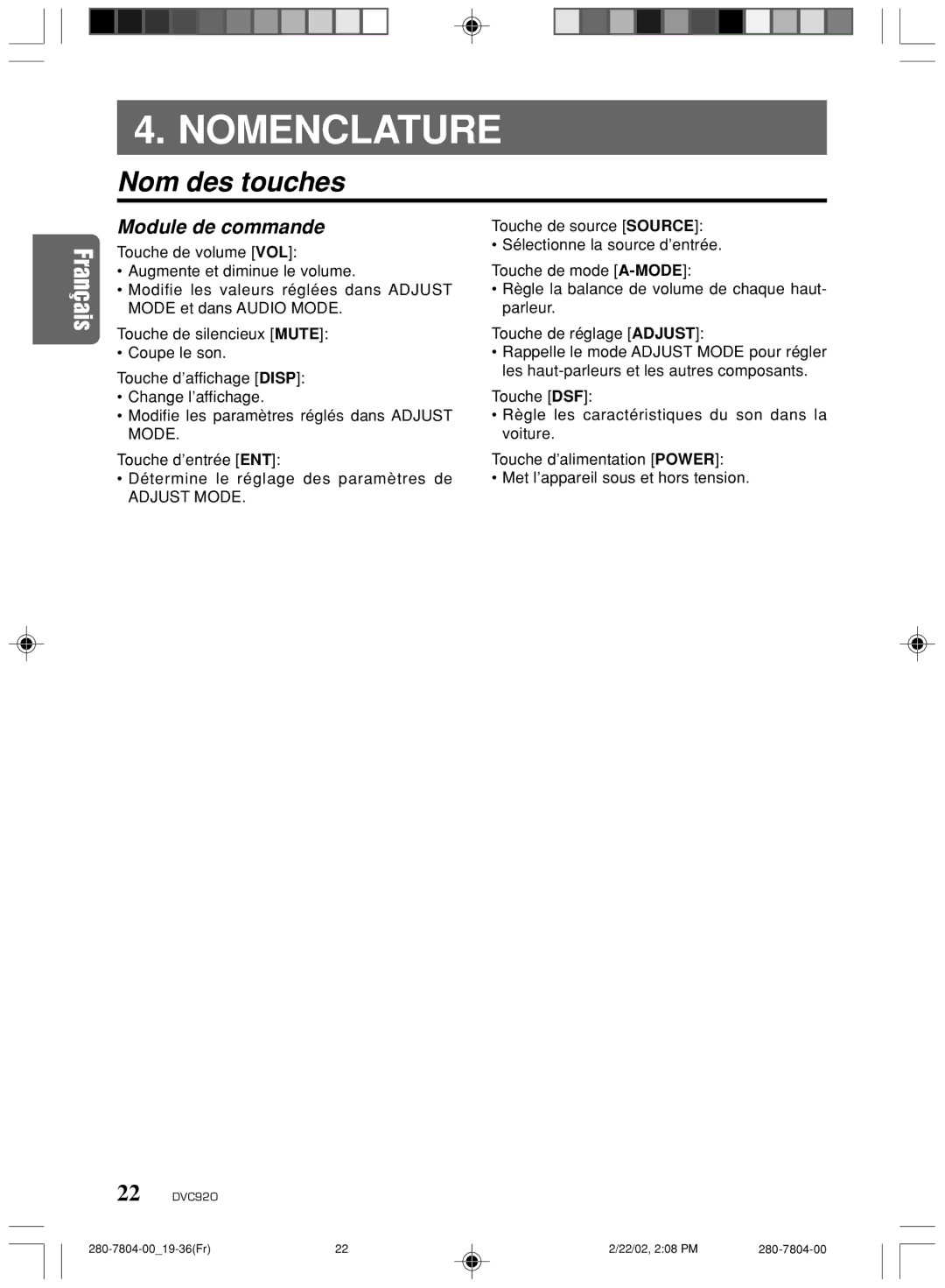 Clarion DVC920 manual Nom des touches, Module de commande 