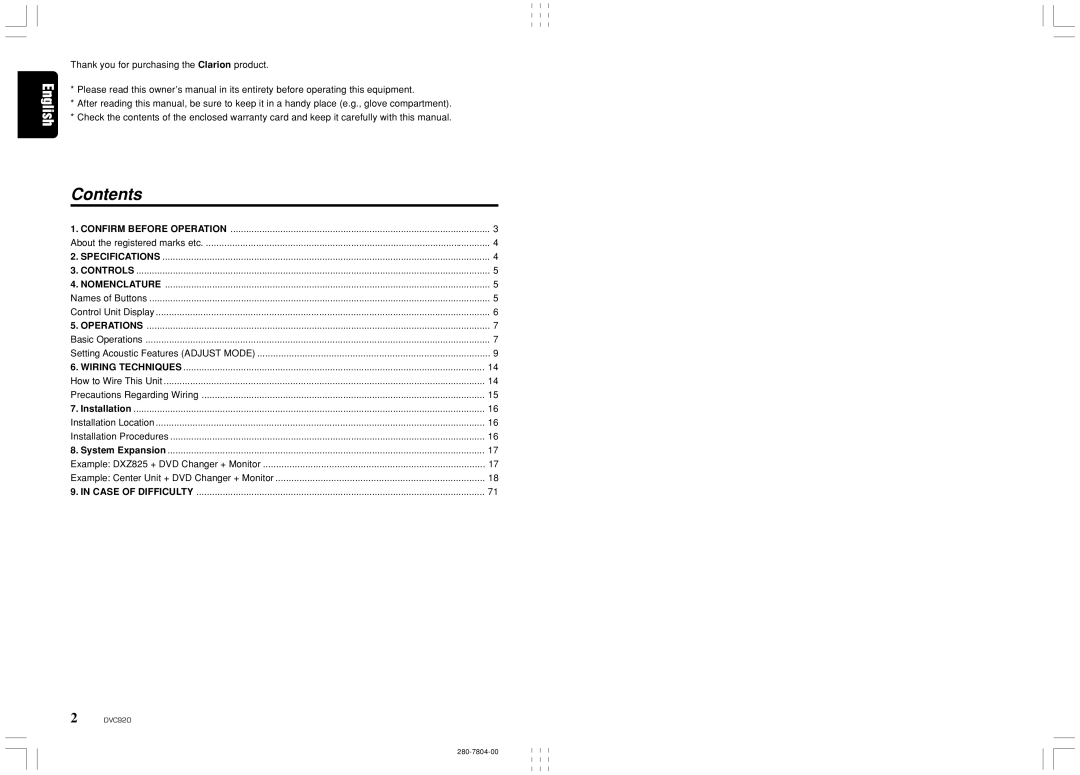 Clarion DVC920 manual Contents 