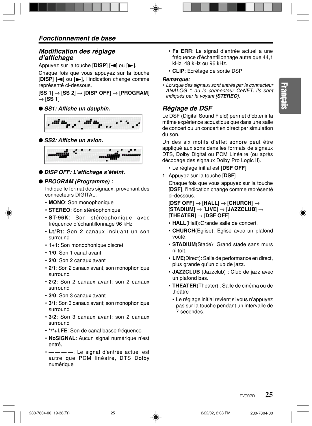 Clarion DVC920 manual Fonctionnement de base Modification des réglage d’affichage, Réglage de DSF 