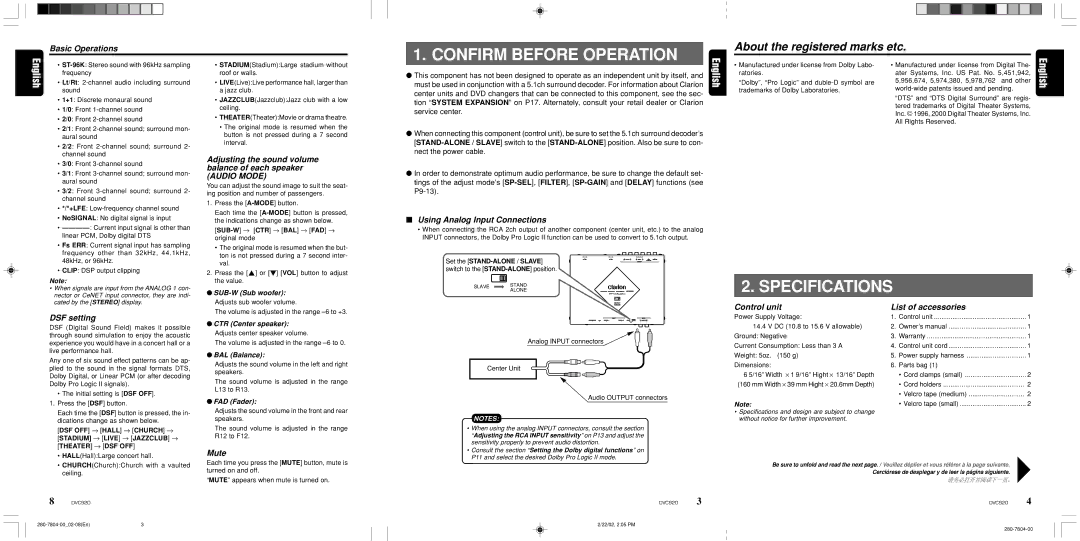 Clarion DVC920 manual Specifications, About the registered marks etc 