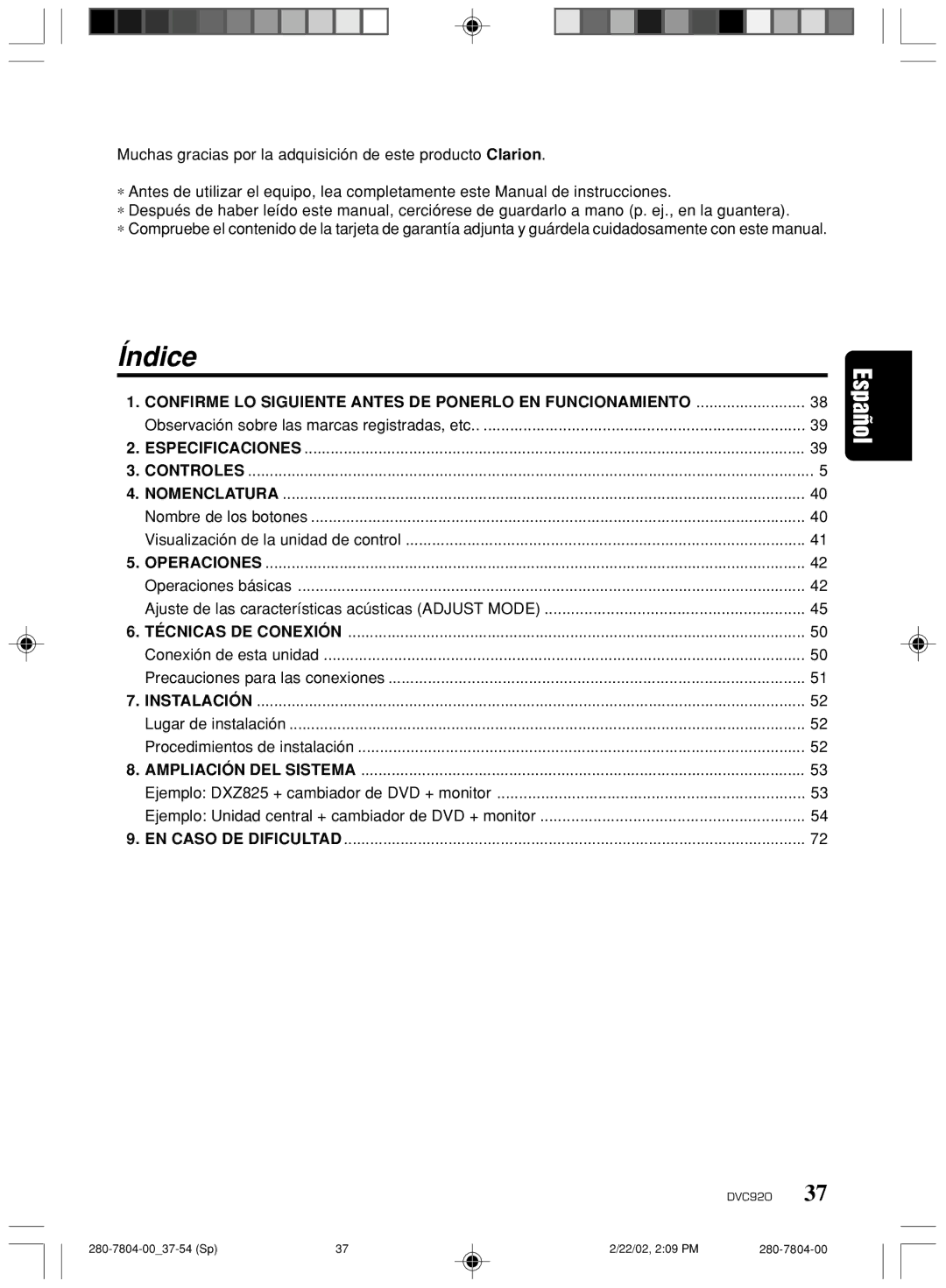 Clarion DVC920 manual Índice, Nombre de los botones Visualización de la unidad de control, Conexión de esta unidad 