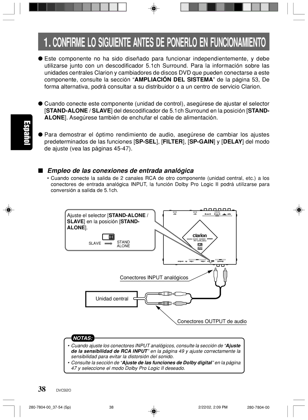 Clarion DVC920 Confirme LO Siguiente Antes DE Ponerlo EN Funcionamiento, Empleo de las conexiones de entrada analógica 