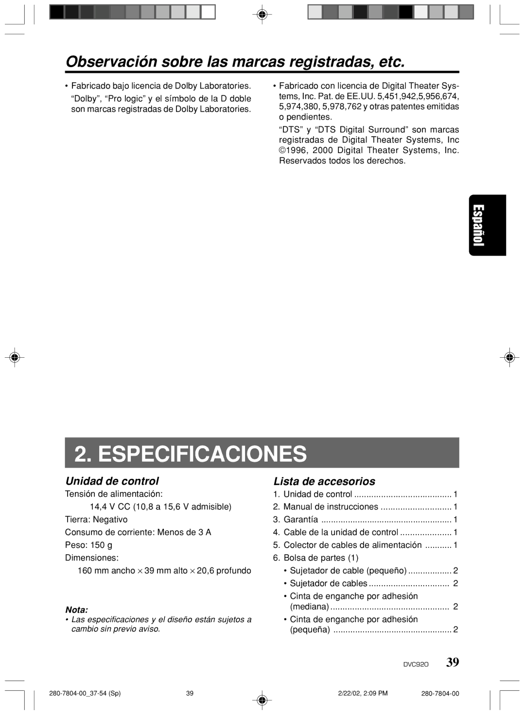 Clarion DVC920 Especificaciones, Observación sobre las marcas registradas, etc, Unidad de control, Lista de accesorios 