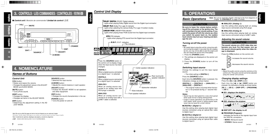 Clarion DVC920 manual Nomenclature, Control Unit Display, Basic Operations, Names of Buttons 