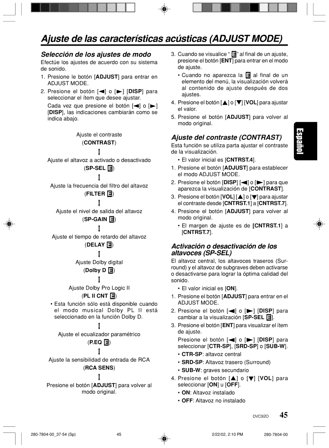 Clarion DVC920 manual Ajuste de las características acústicas Adjust Mode, Selección de los ajustes de modo 