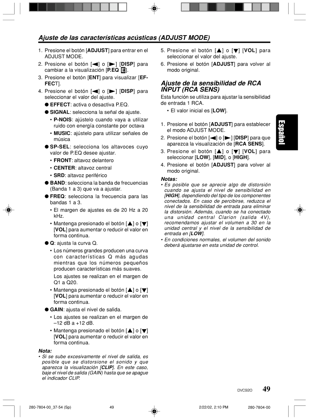 Clarion DVC920 manual Ajuste de la sensibilidad de RCA Input RCA Sens 