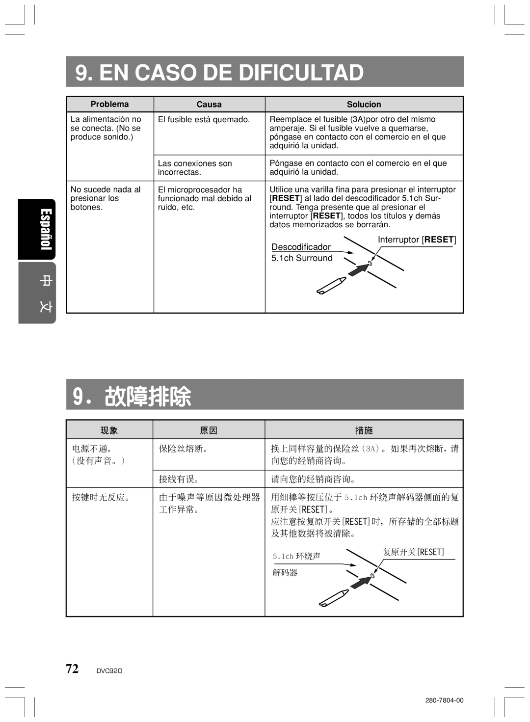 Clarion DVC920 manual EN Caso DE Dificultad, Interruptor Reset Descodificador 1ch Surround 