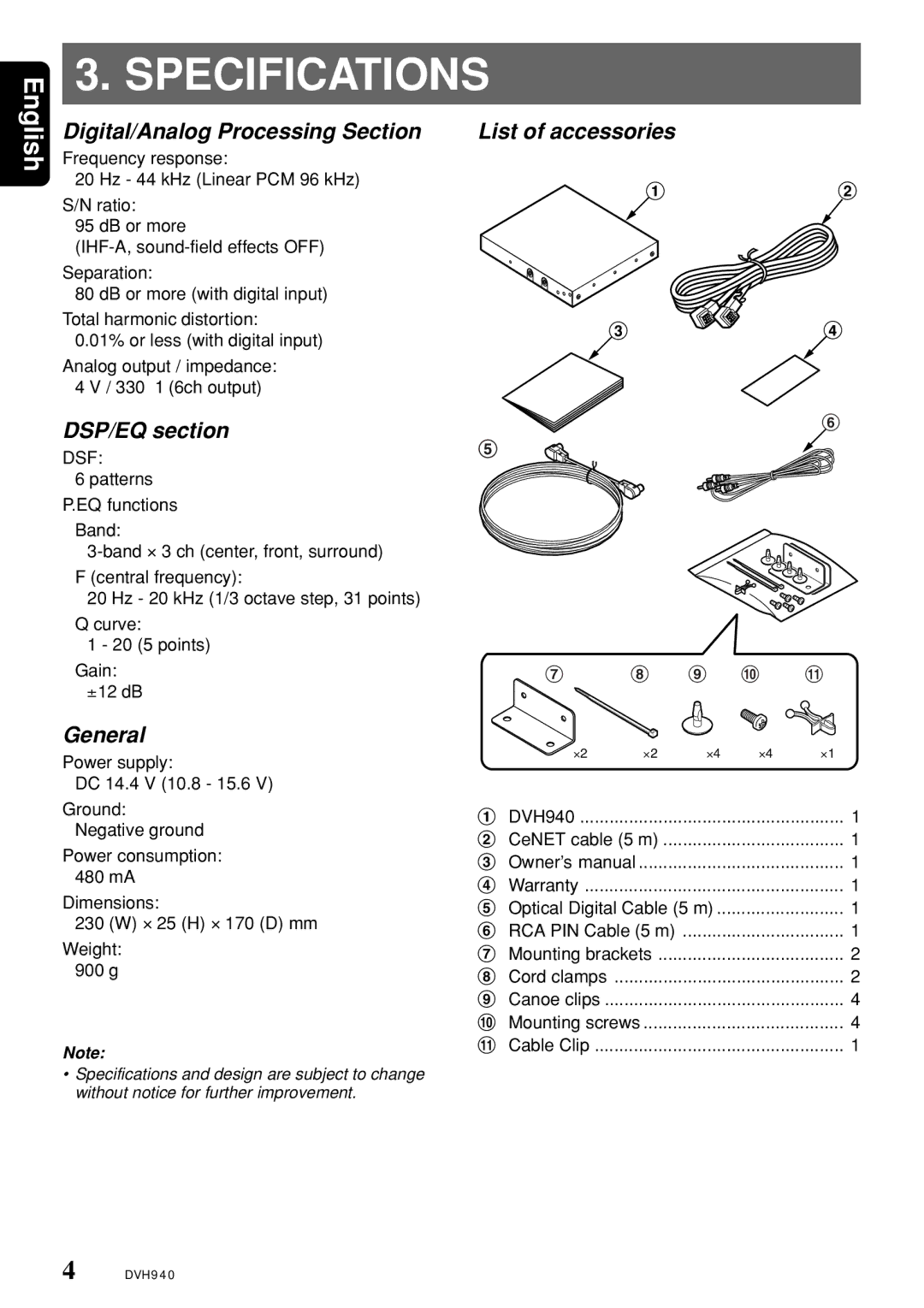 Clarion DVH940N Specifications, Digital/Analog Processing Section, DSP/EQ section, General, List of accessories 