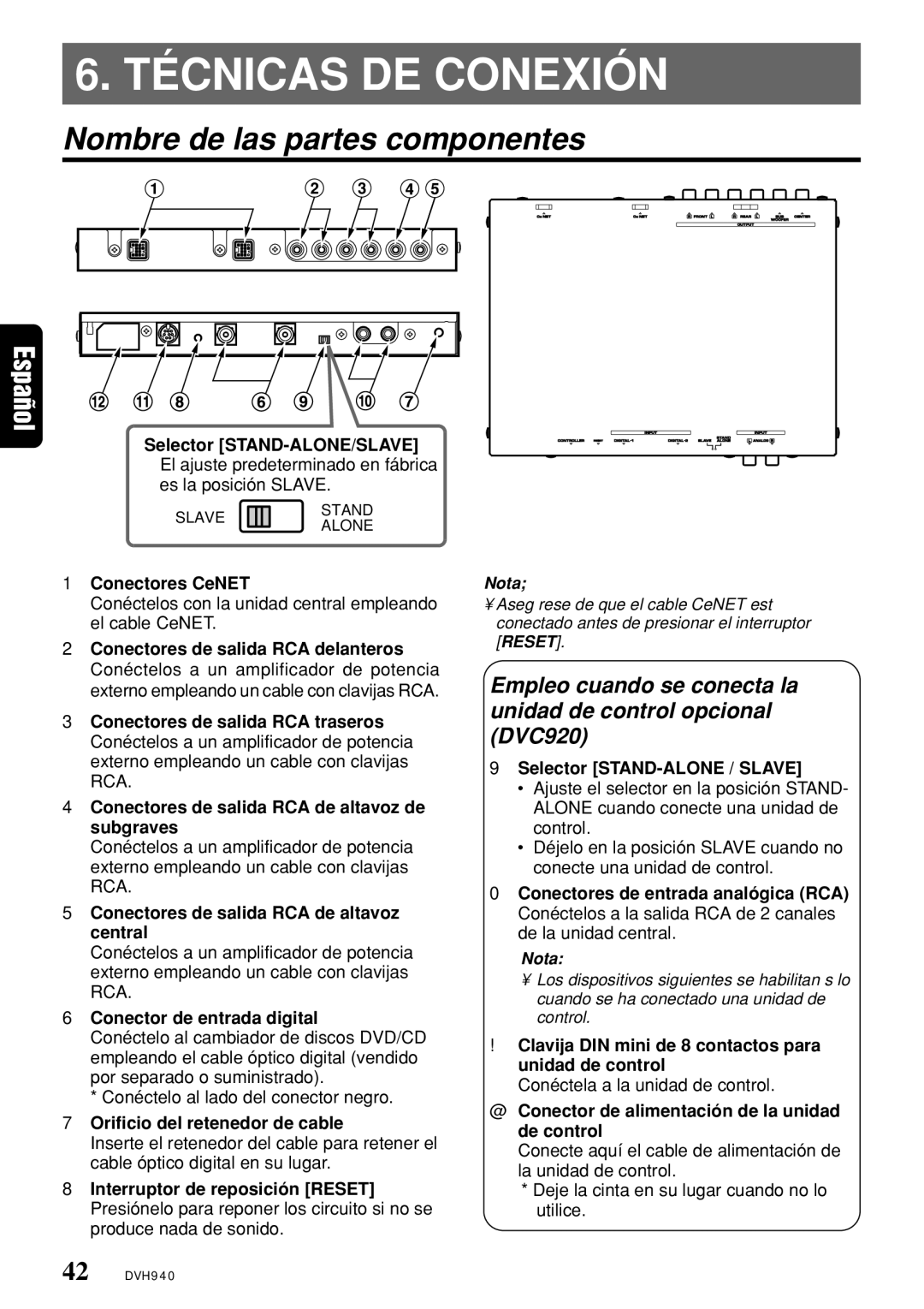 Clarion DVH940N owner manual Técnicas DE Conexión, Nombre de las partes componentes 