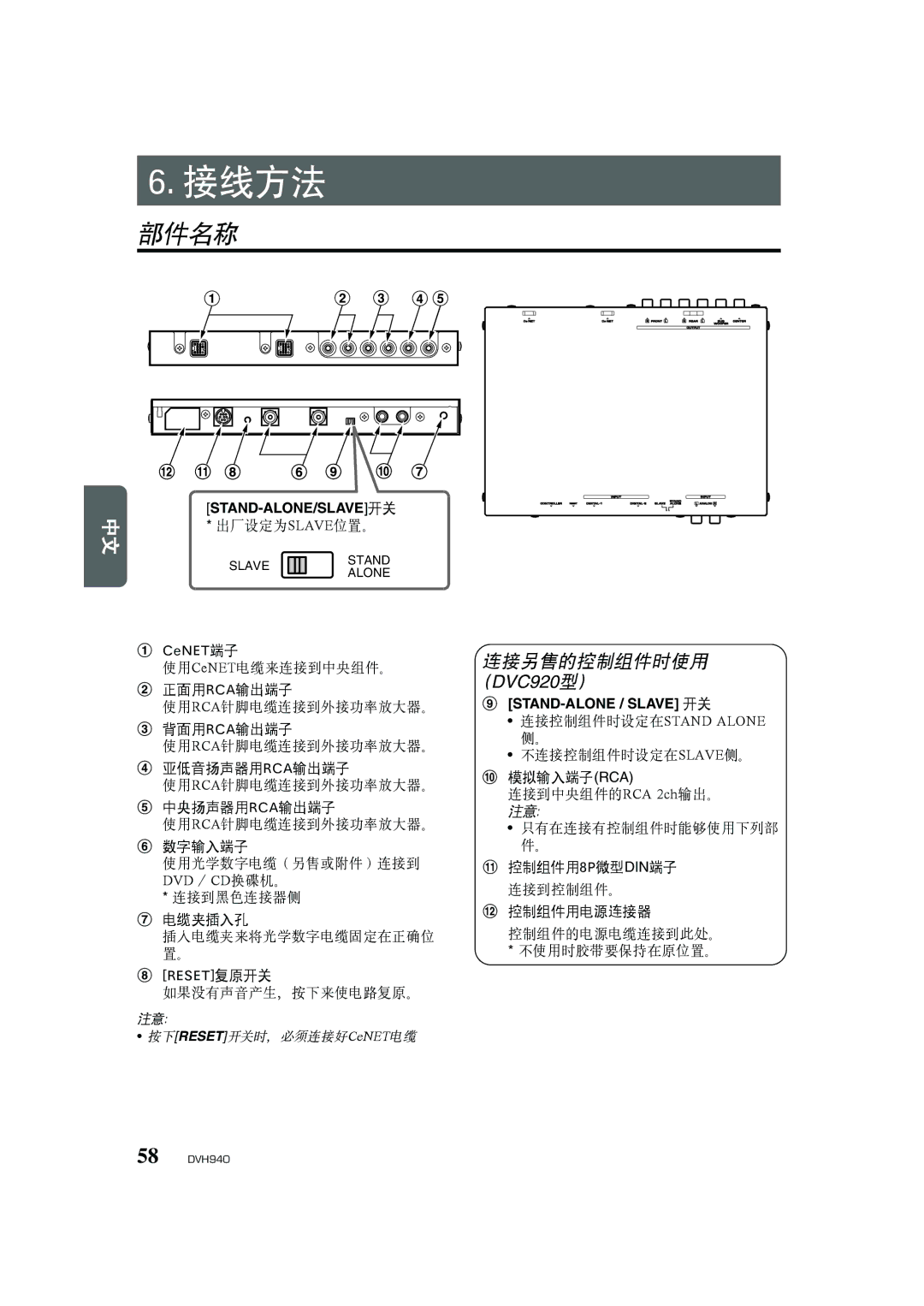 Clarion DVH940N owner manual 接线方法, Stand-Alone/Slave开关, STAND-ALONE / Slave 开关 