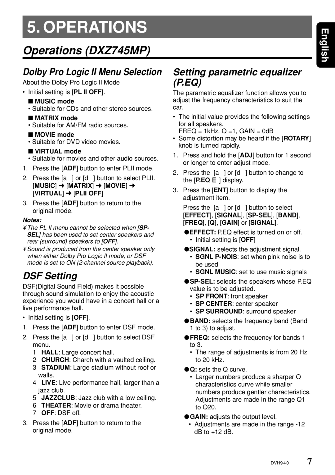 Clarion DVH940N Operations DXZ745MP, DSF Setting, Setting parametric equalizer P.EQ, Dolby Pro Logic II Menu Selection 