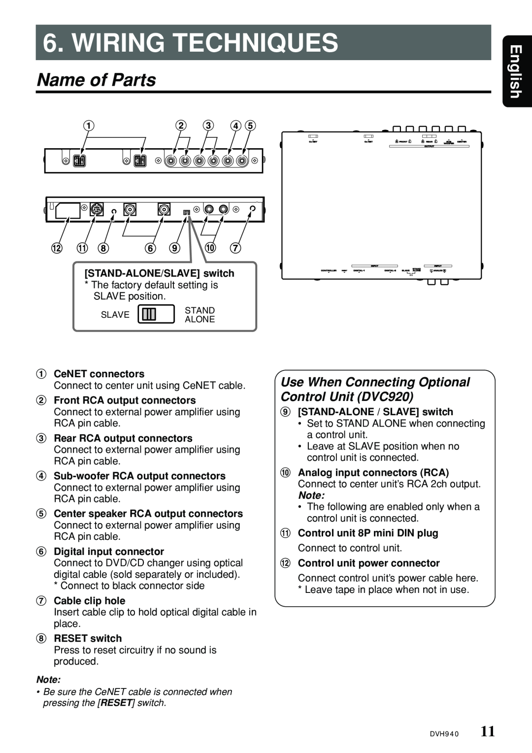 Clarion DVH940N owner manual Wiring Techniques, Name of Parts, English, Use When Connecting Optional Control Unit DVC920 