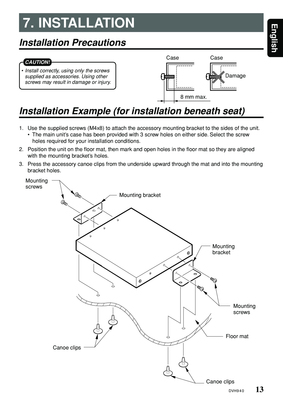 Clarion DVH940N owner manual Installation Precautions, English 